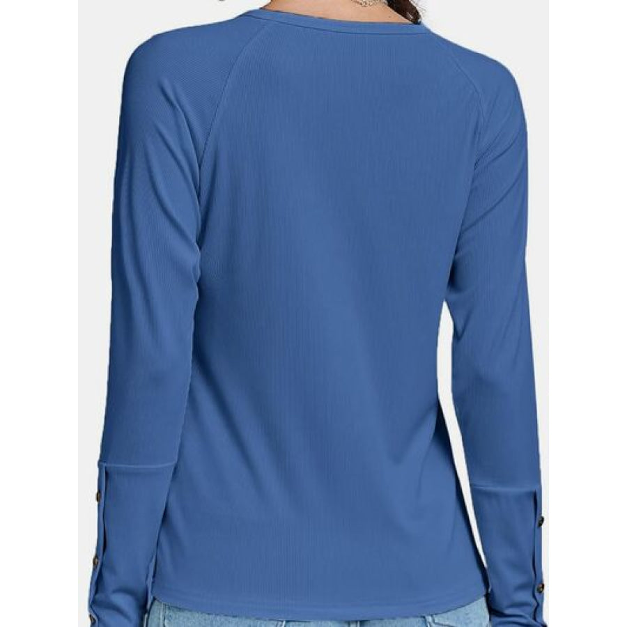 Decorative Button V - Neck Long Sleeve T - Shirt Apparel and Accessories