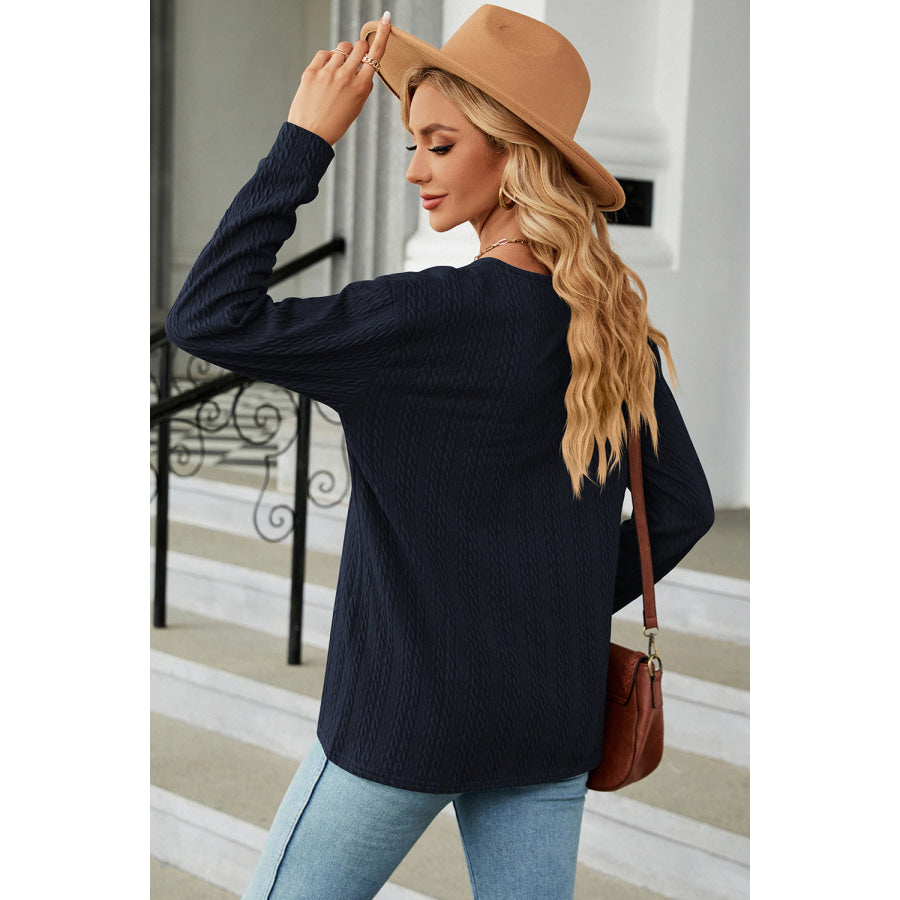 Decorative Button V - Neck Long Sleeve T - Shirt Apparel and Accessories