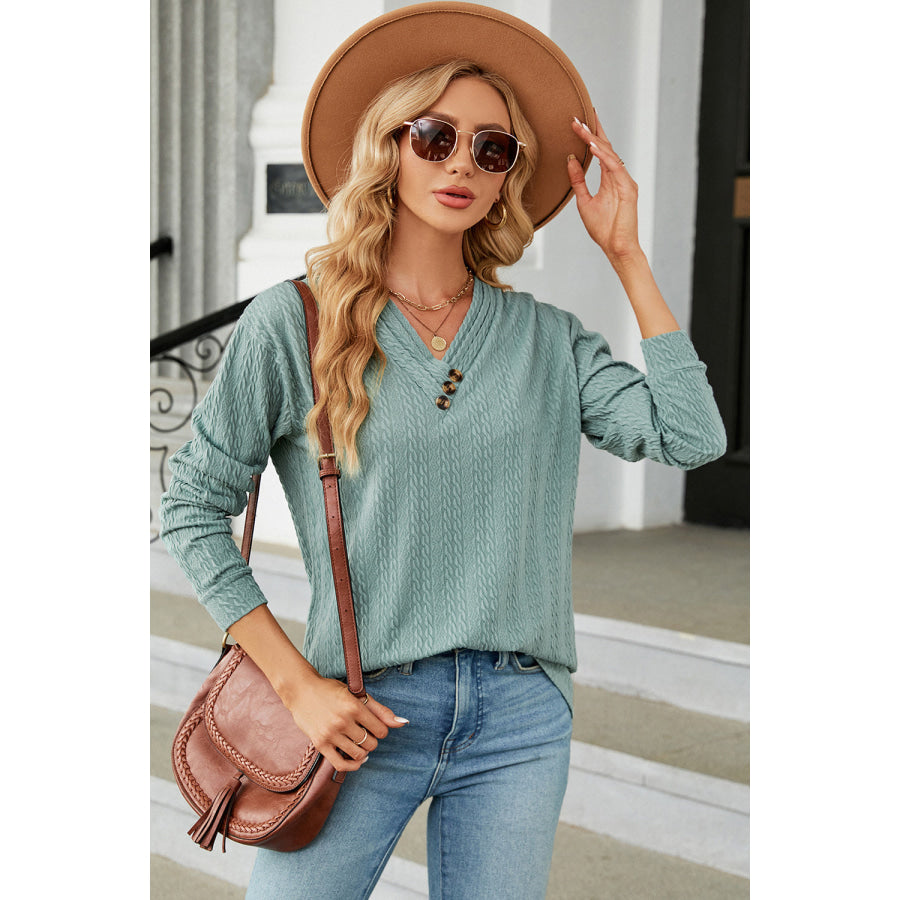 Decorative Button V - Neck Long Sleeve T - Shirt Apparel and Accessories