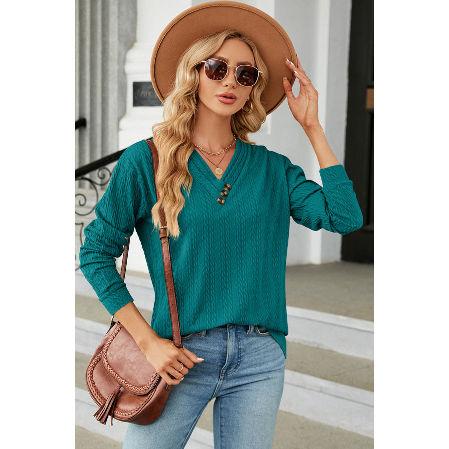 Decorative Button V - Neck Long Sleeve T - Shirt Apparel and Accessories