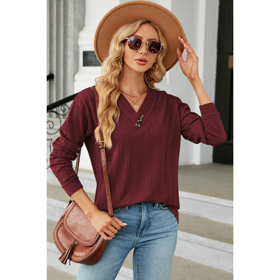 Decorative Button V - Neck Long Sleeve T - Shirt Apparel and Accessories