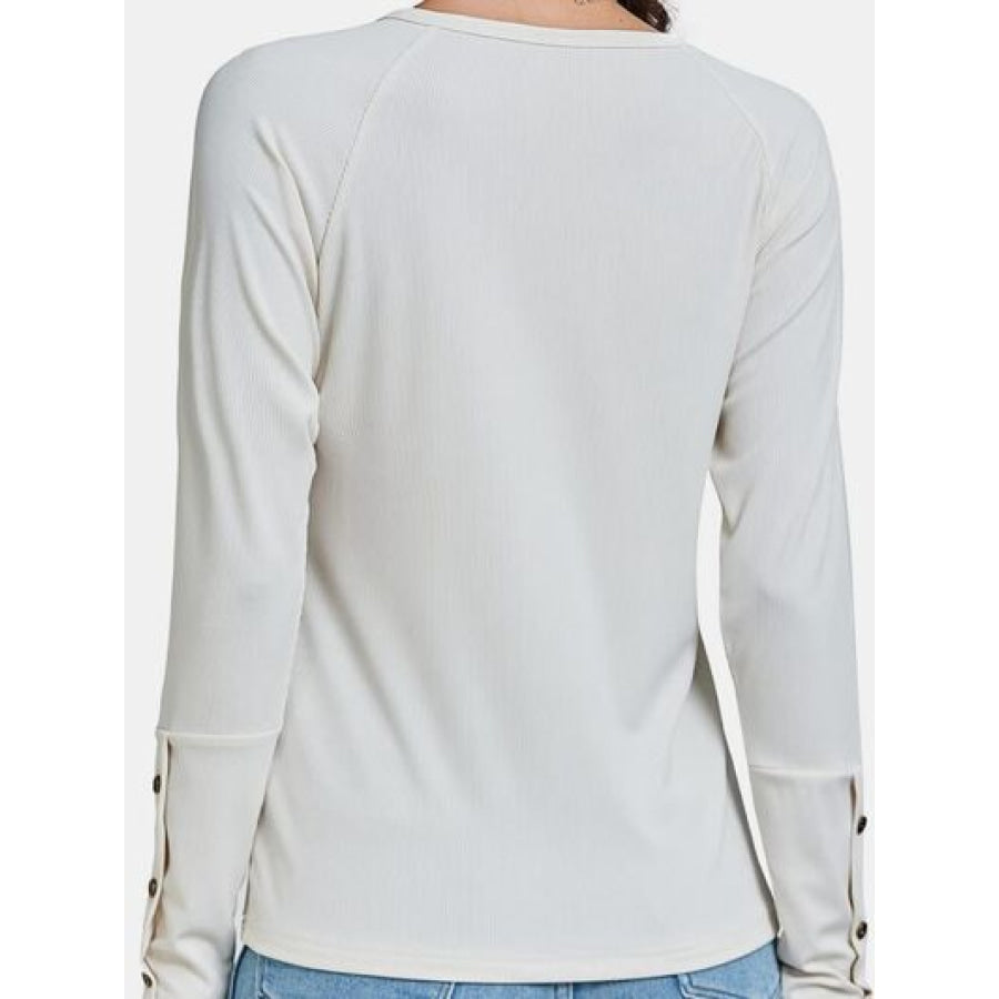 Decorative Button V - Neck Long Sleeve T - Shirt Apparel and Accessories