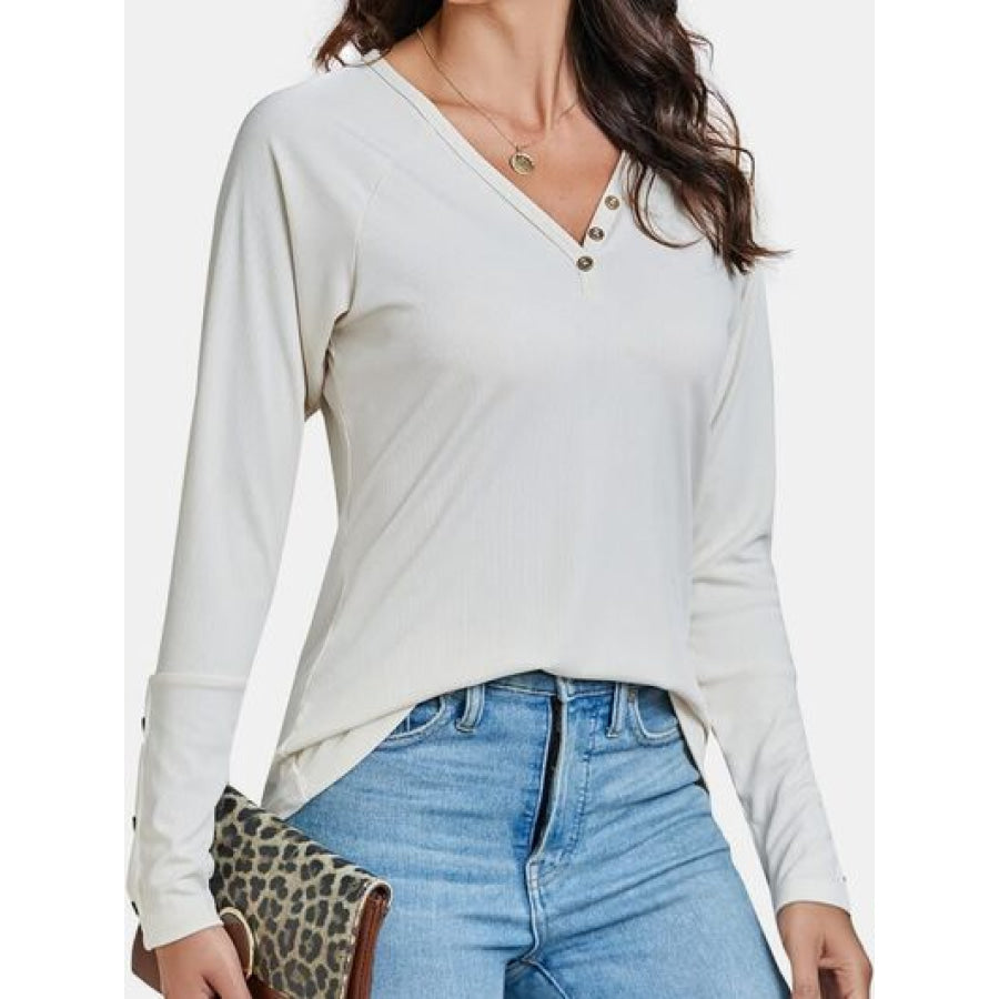 Decorative Button V - Neck Long Sleeve T - Shirt Apparel and Accessories