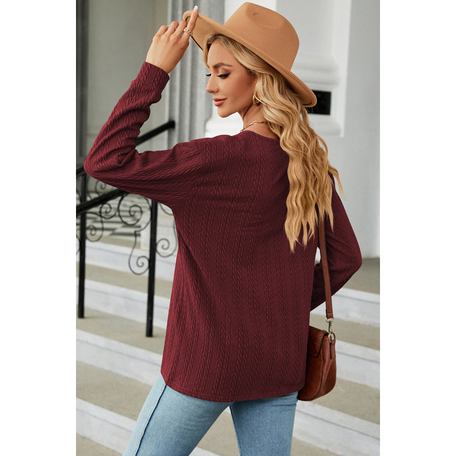 Decorative Button V - Neck Long Sleeve T - Shirt Apparel and Accessories