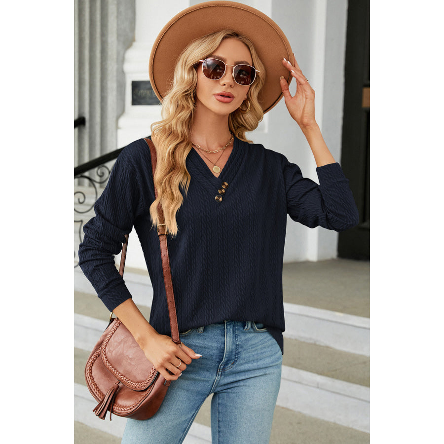 Decorative Button V - Neck Long Sleeve T - Shirt Apparel and Accessories
