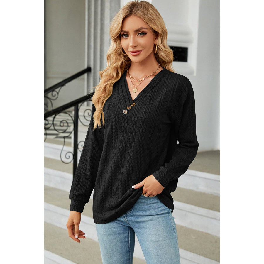 Decorative Button V - Neck Long Sleeve T - Shirt Black / S Apparel and Accessories
