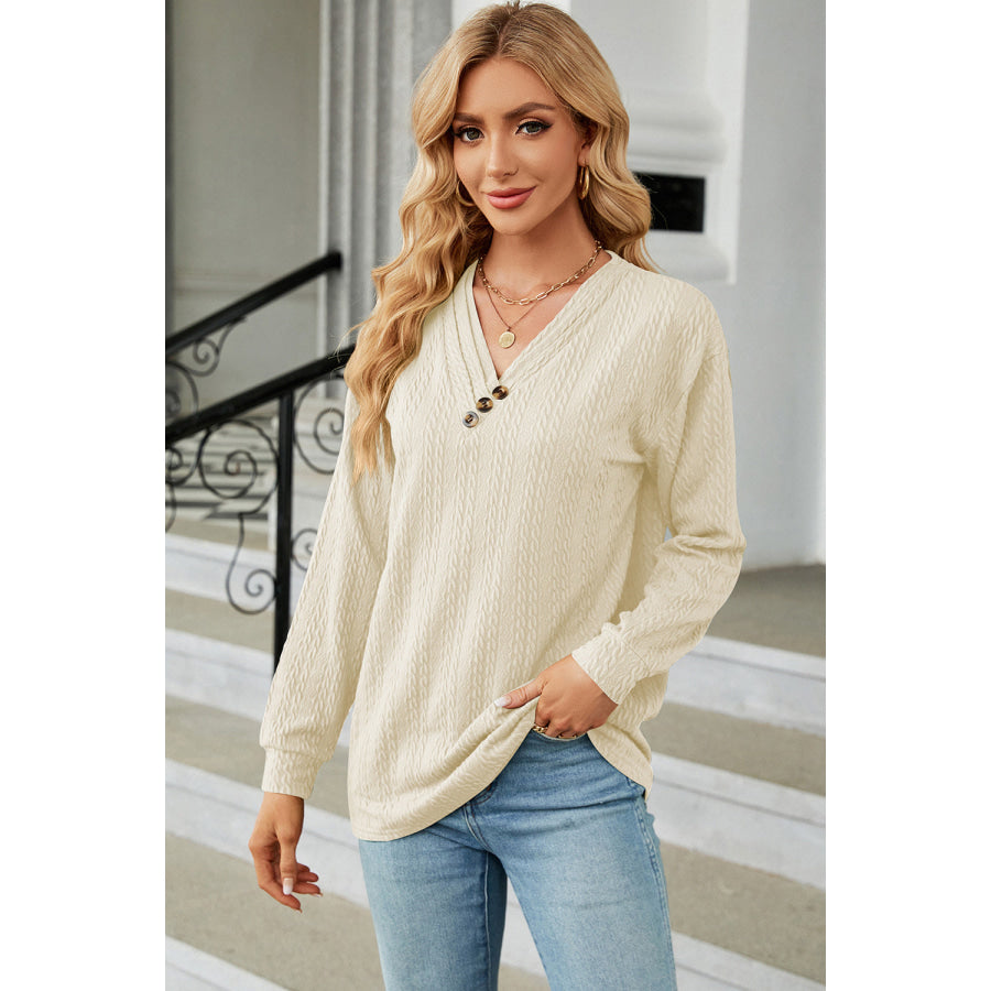 Decorative Button V - Neck Long Sleeve T - Shirt Cream / S Apparel and Accessories