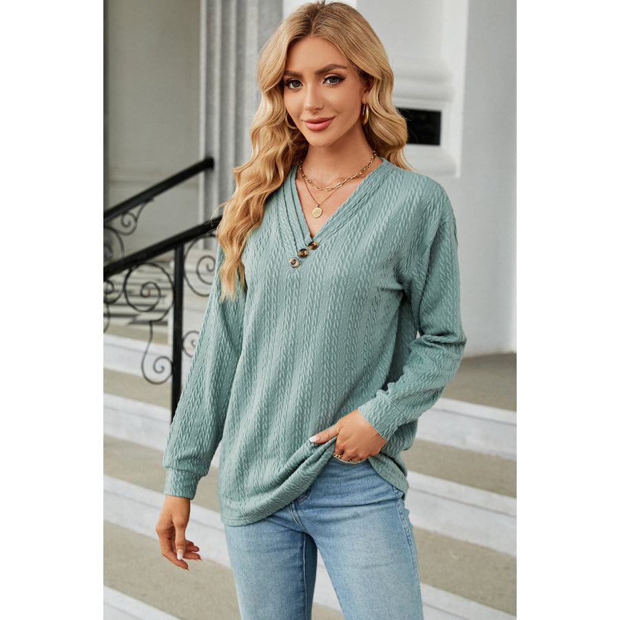 Decorative Button V - Neck Long Sleeve T - Shirt Gum Leaf / S Apparel and Accessories
