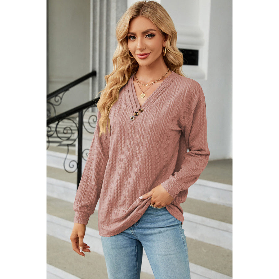 Decorative Button V - Neck Long Sleeve T - Shirt Light Mauve / S Apparel and Accessories