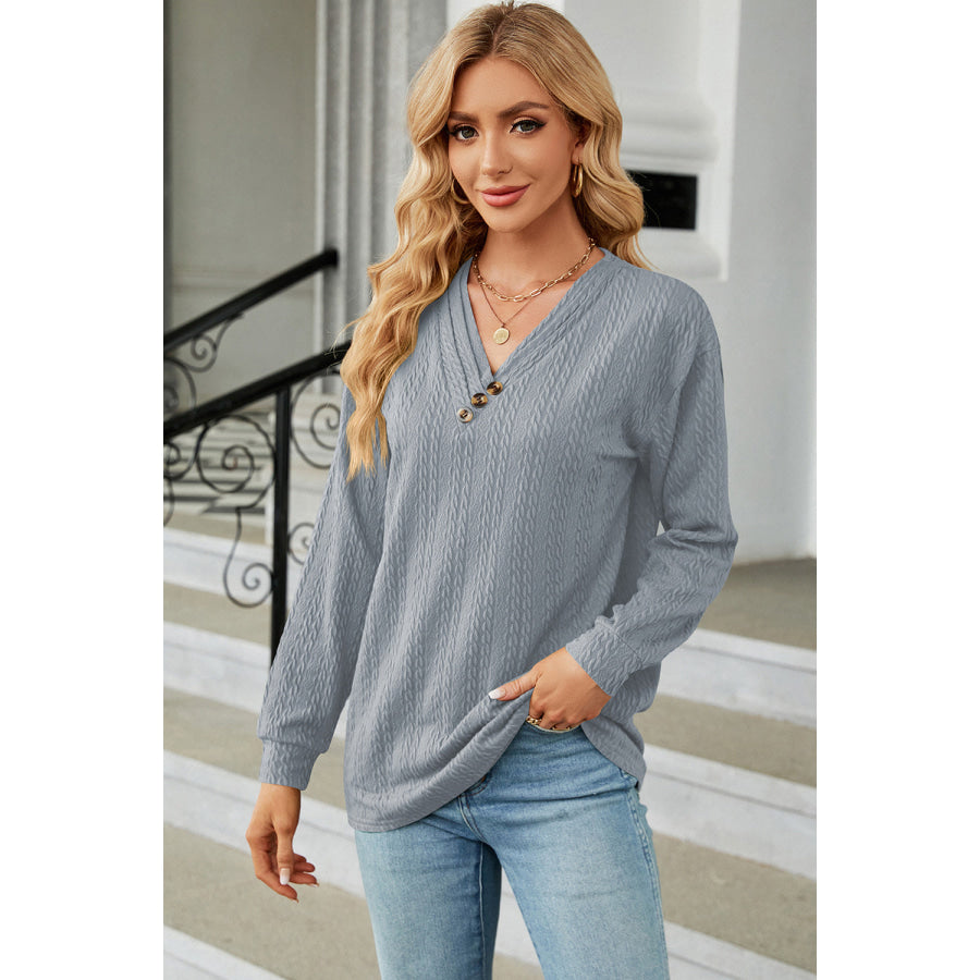 Decorative Button V - Neck Long Sleeve T - Shirt Misty Blue / S Apparel and Accessories