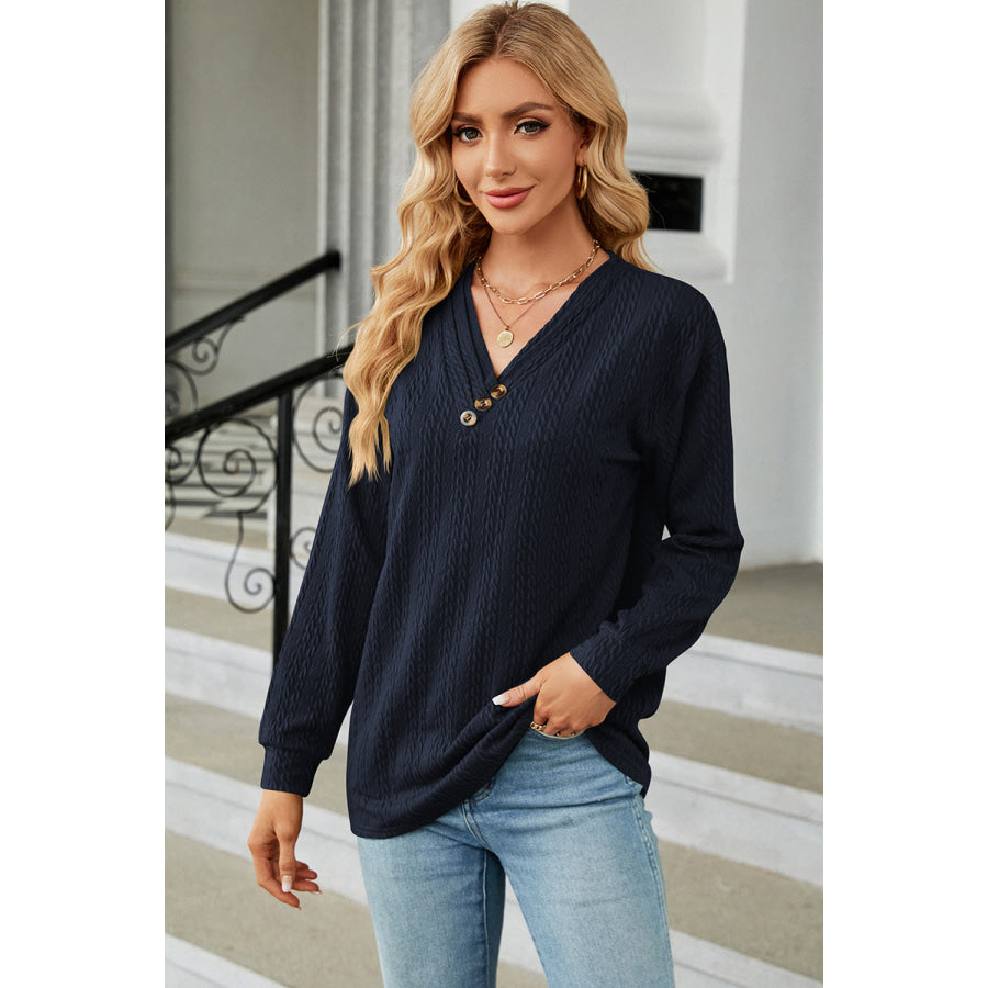 Decorative Button V - Neck Long Sleeve T - Shirt Navy / S Apparel and Accessories
