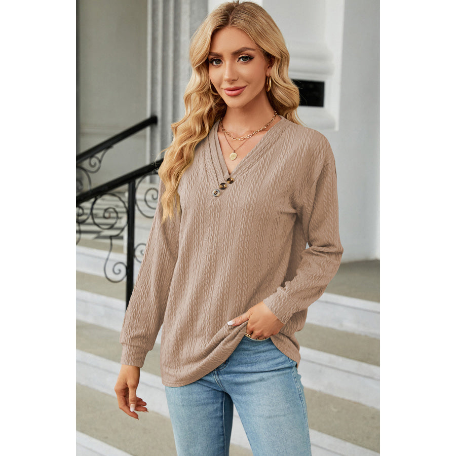 Decorative Button V - Neck Long Sleeve T - Shirt Tan / S Apparel and Accessories
