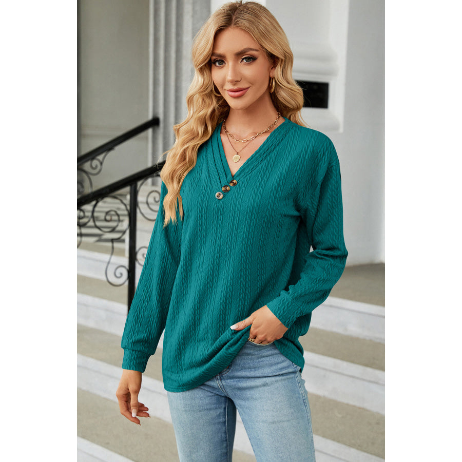 Decorative Button V - Neck Long Sleeve T - Shirt Teal / S Apparel and Accessories