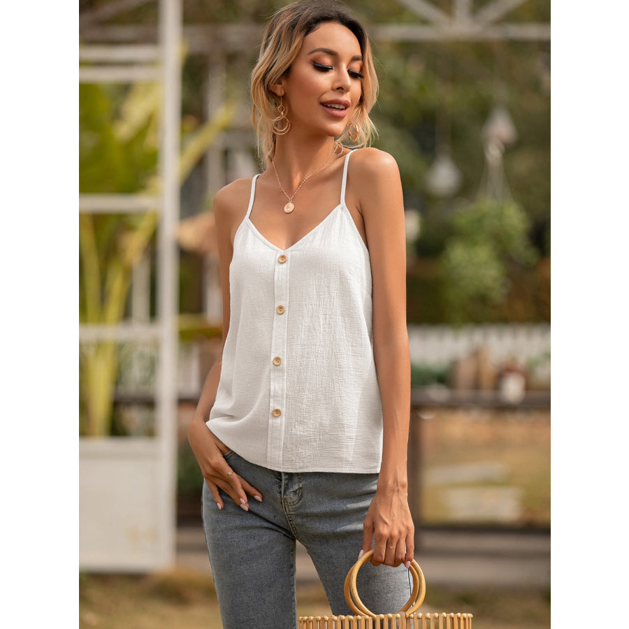 Decorative Button V-Neck Spaghetti Strap Cami Apparel and Accessories