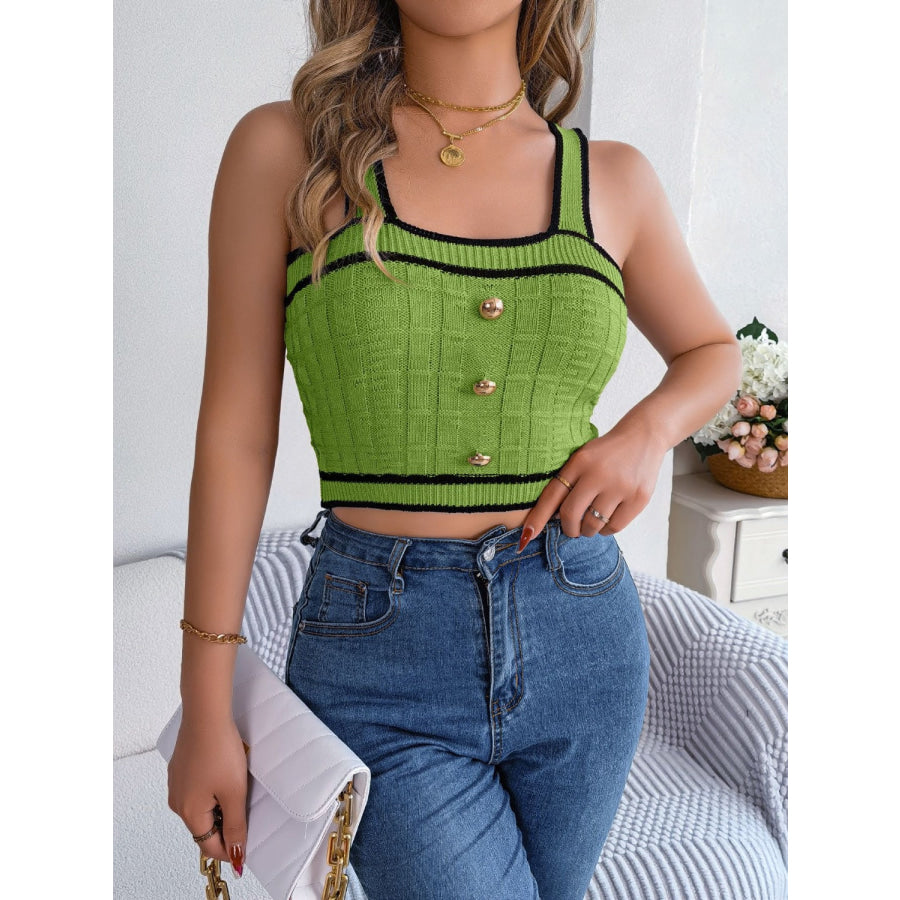 Decorative Button Wide Strap Knit Cami Green / S Apparel and Accessories