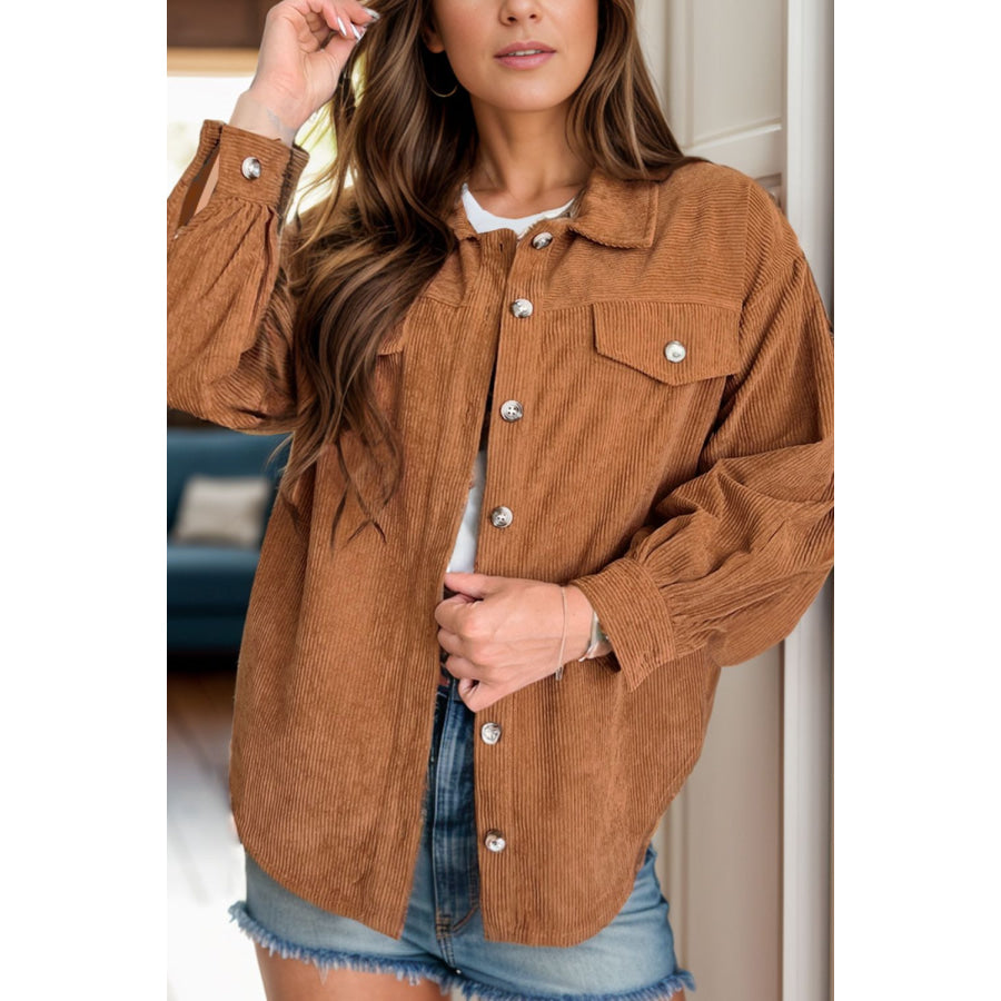 Decorative Pocket Flap Button Up Jacket Caramel / S Apparel and Accessories