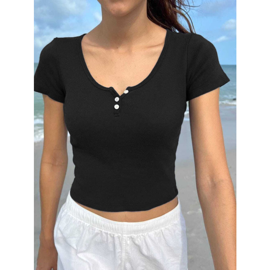 Devine Button Detail Short Sleeve T-Shirt Black / S Apparel and Accessories