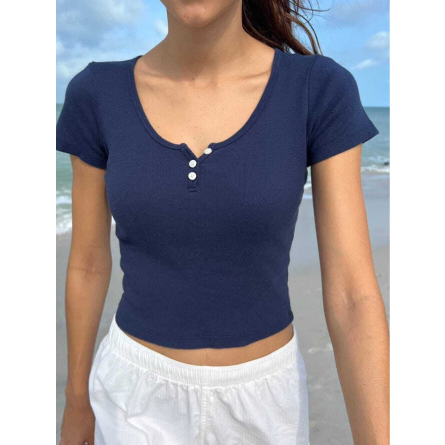 Devine Button Detail Short Sleeve T-Shirt Dark Blue / S Apparel and Accessories