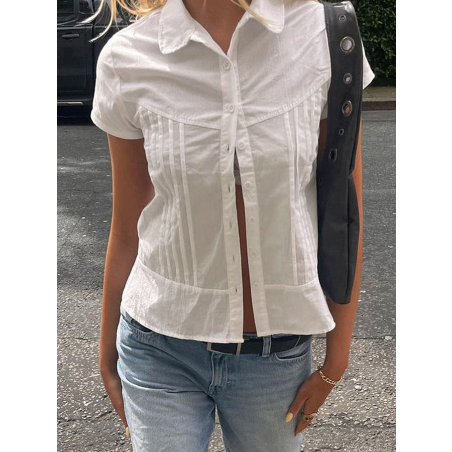 Devine Button Down Collared Neck Short Sleeve Shirt White / S Apparel and Accessories