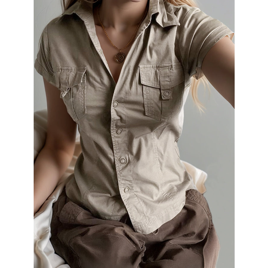 Devine Collared Neck Short Sleeve Shirt Apparel and Accessories