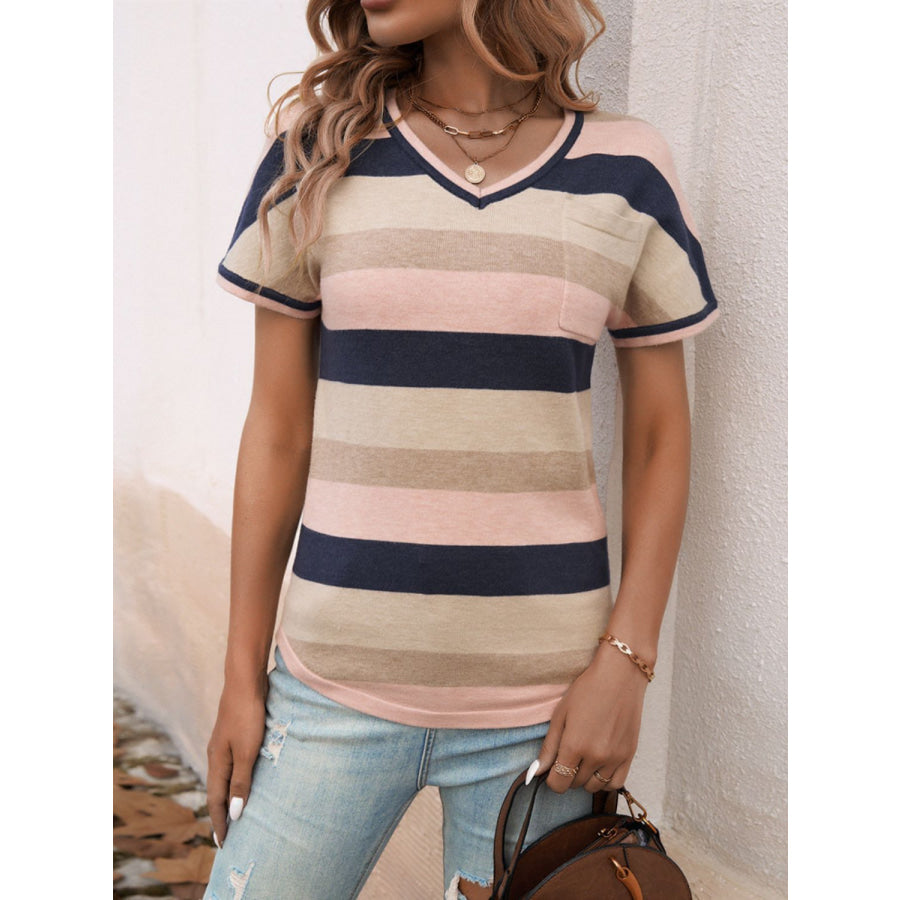 Devine Color Block V-Neck Short Sleeve Knit Top Apparel and Accessories