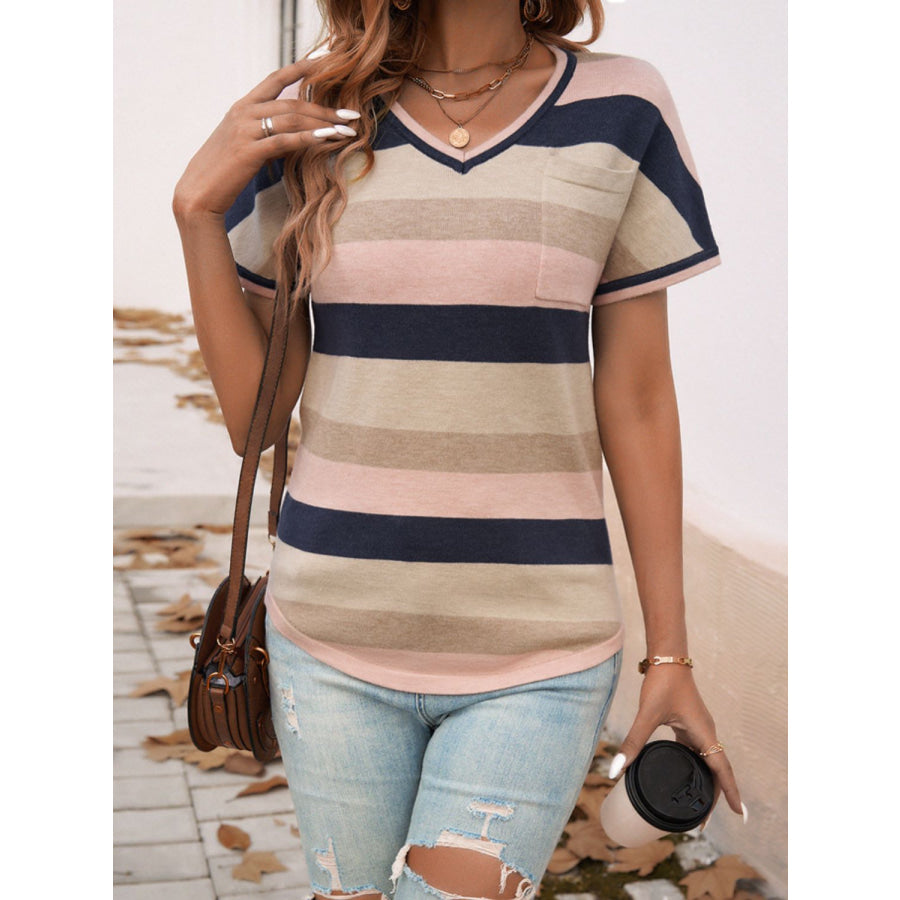 Devine Color Block V-Neck Short Sleeve Knit Top Apparel and Accessories
