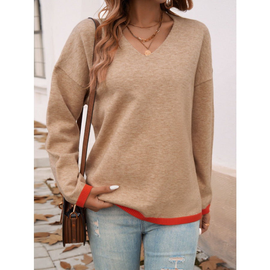 Devine Contrast Trim V-Neck Dropped Shoulder Sweater Apparel and Accessories