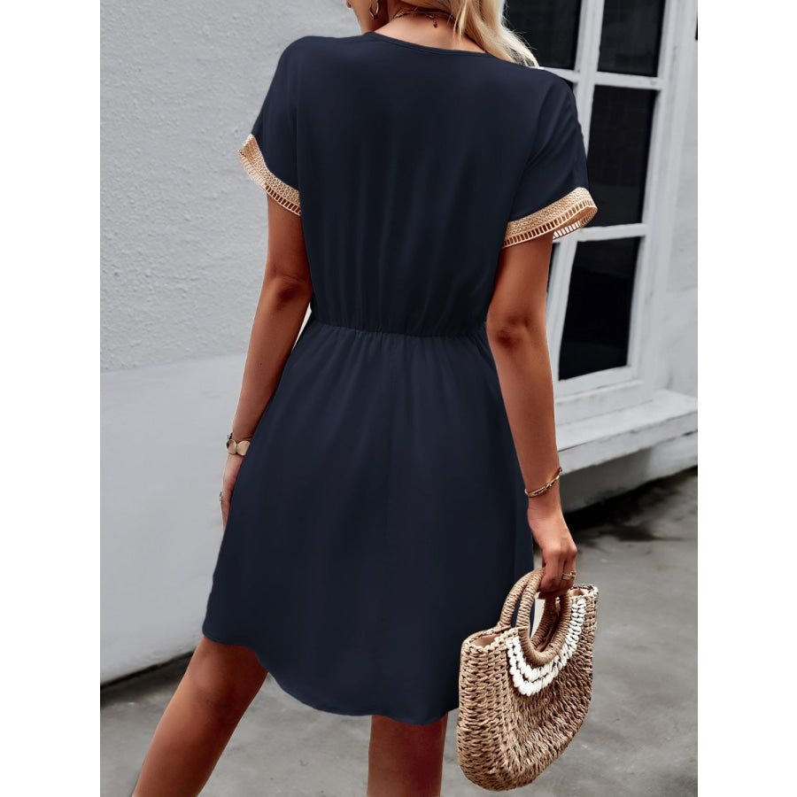 Devine Contrast Trim V-Neck Short Sleeve Mini Dress Dark Navy / S Apparel and Accessories