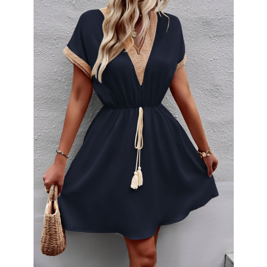 Devine Contrast Trim V-Neck Short Sleeve Mini Dress Apparel and Accessories
