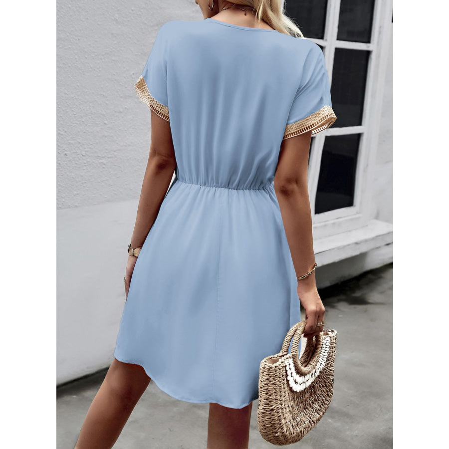 Devine Contrast Trim V-Neck Short Sleeve Mini Dress Apparel and Accessories