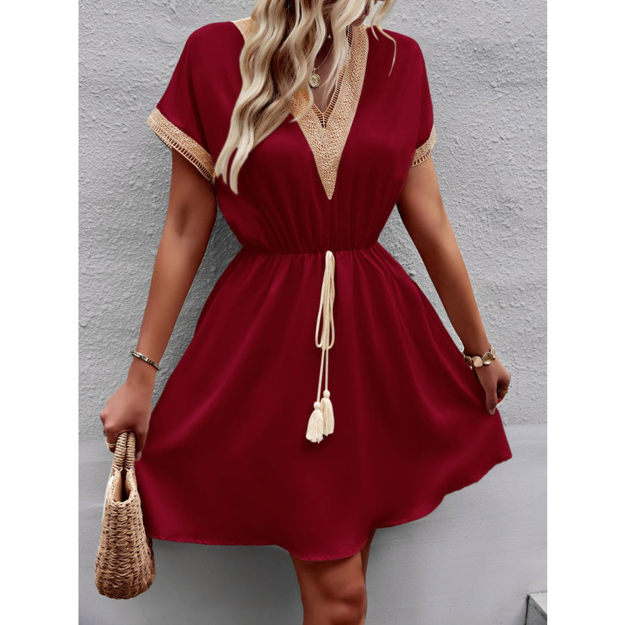 Devine Contrast Trim V-Neck Short Sleeve Mini Dress Apparel and Accessories