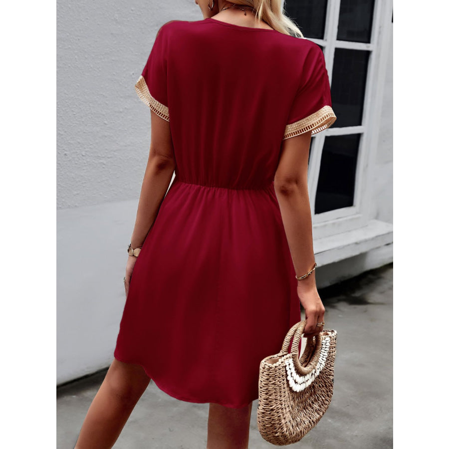 Devine Contrast Trim V-Neck Short Sleeve Mini Dress Apparel and Accessories