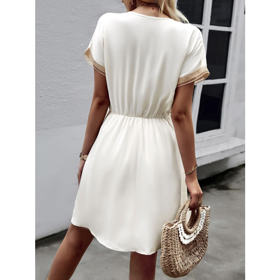 Devine Contrast Trim V-Neck Short Sleeve Mini Dress Apparel and Accessories