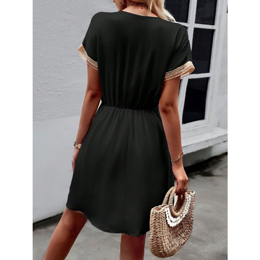 Devine Contrast Trim V-Neck Short Sleeve Mini Dress Apparel and Accessories