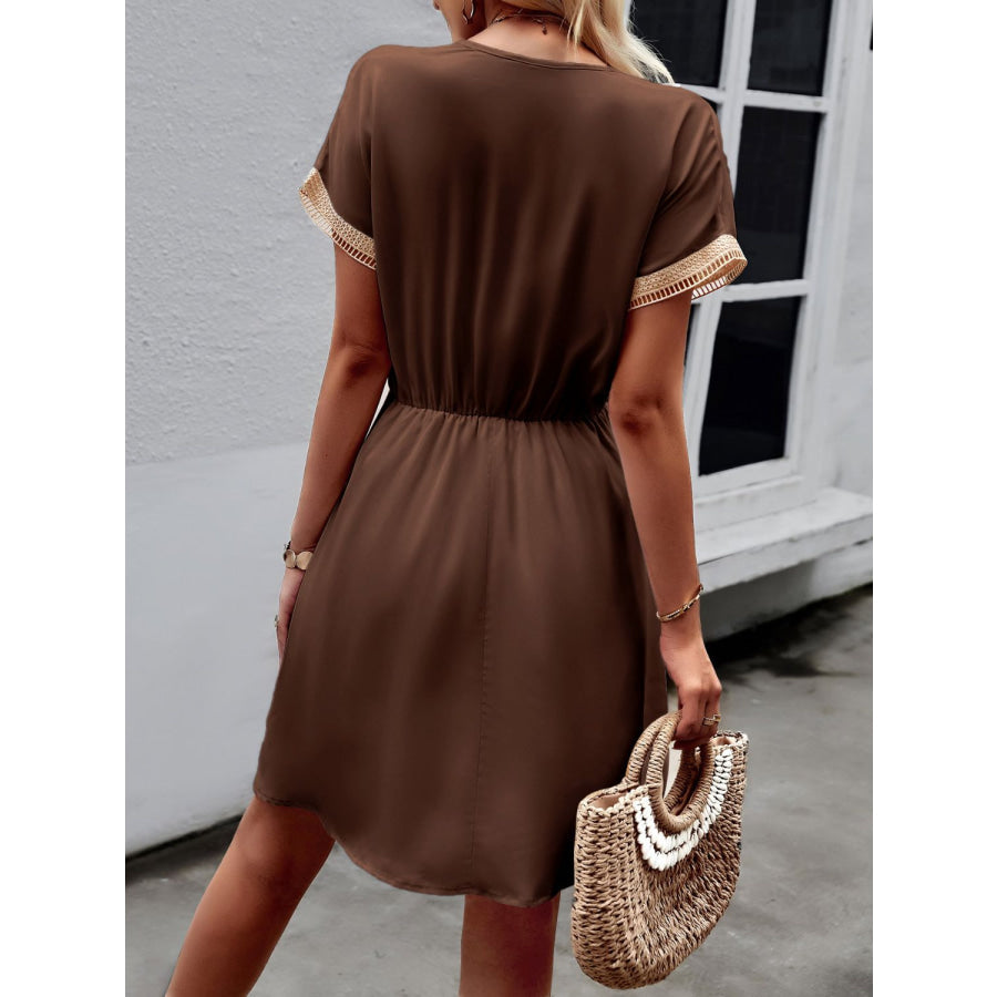 Devine Contrast Trim V-Neck Short Sleeve Mini Dress Apparel and Accessories