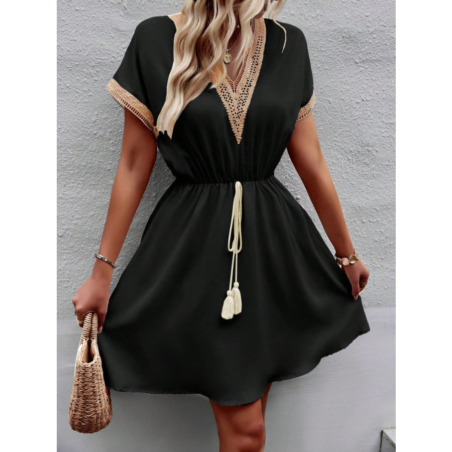 Devine Contrast Trim V-Neck Short Sleeve Mini Dress Black / S Apparel and Accessories