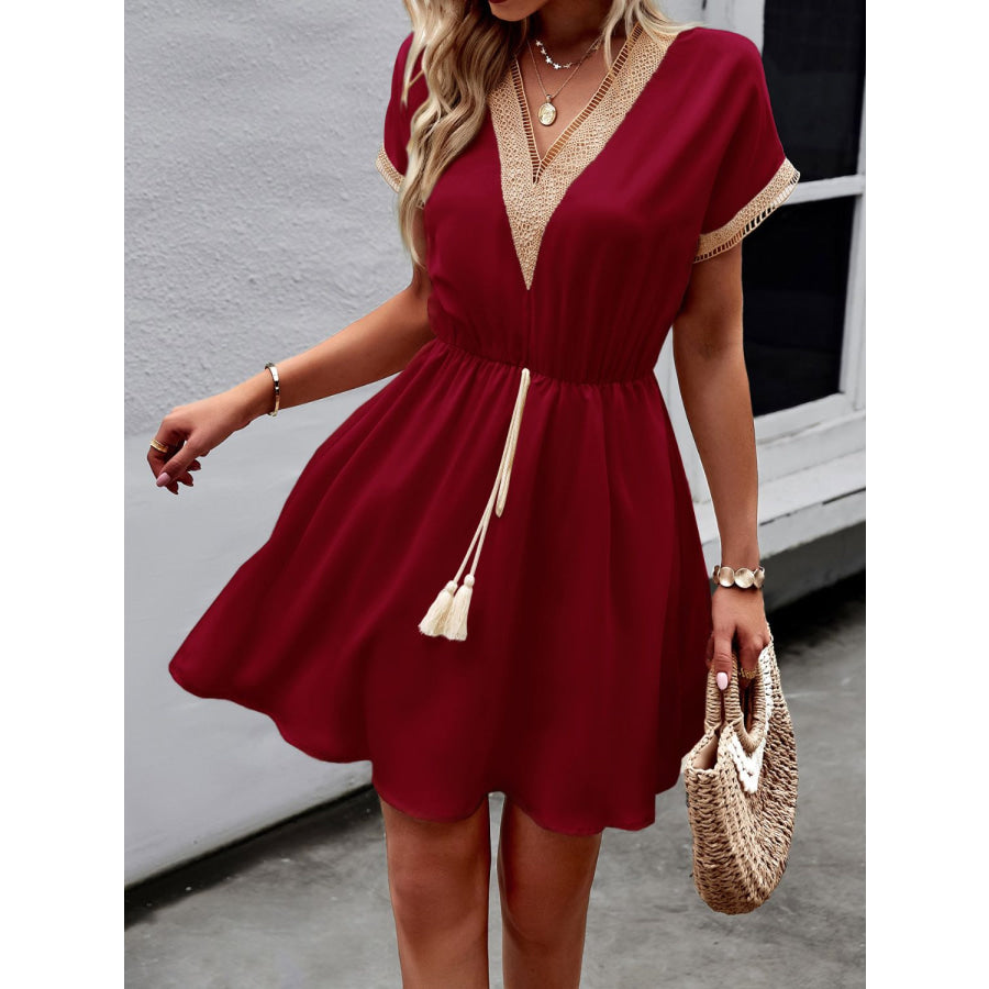 Devine Contrast Trim V-Neck Short Sleeve Mini Dress Burgundy / S Apparel and Accessories