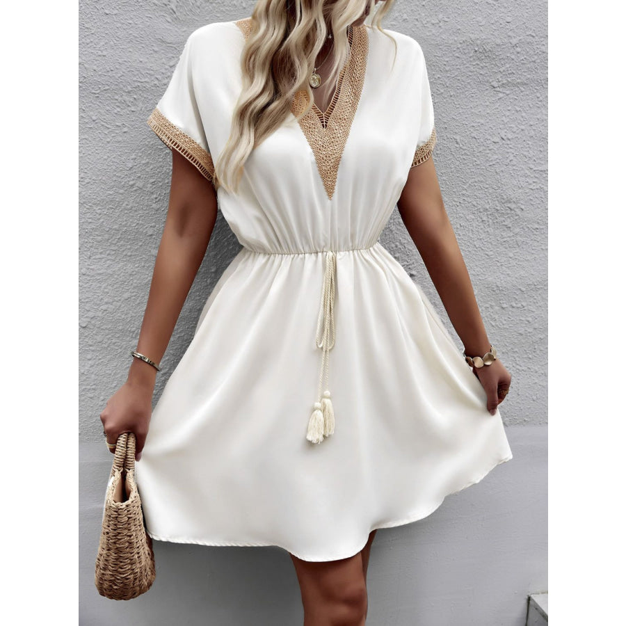 Devine Contrast Trim V-Neck Short Sleeve Mini Dress White / S Apparel and Accessories