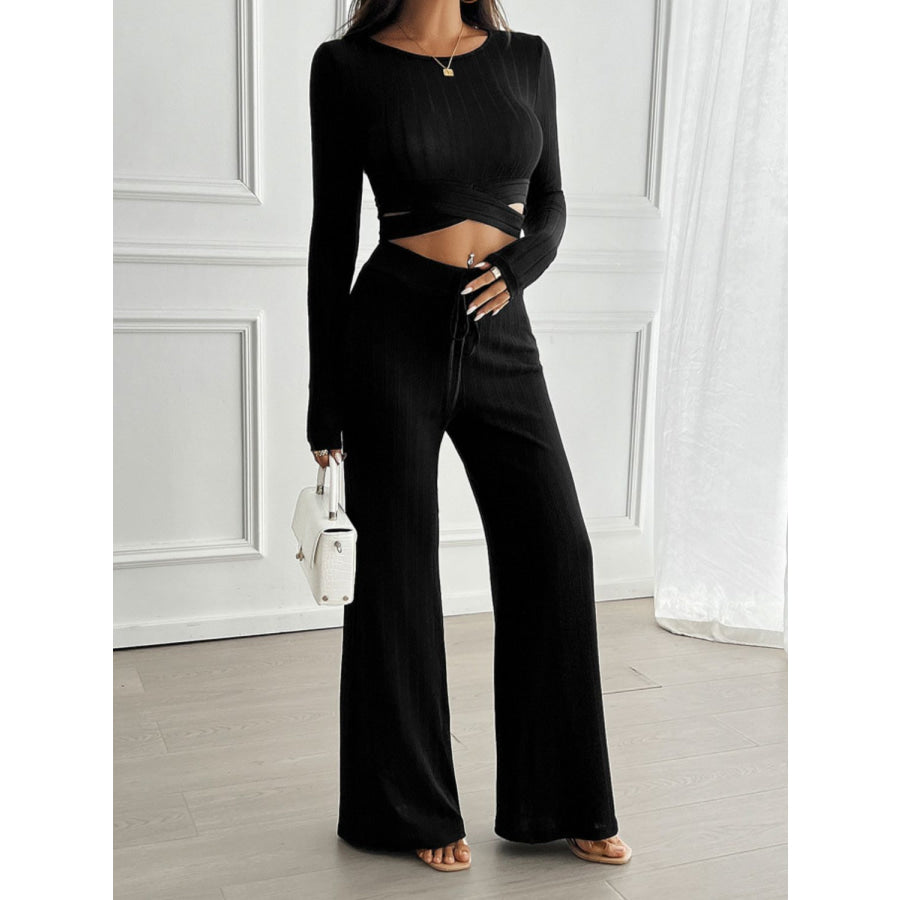Devine Crisscross Round Neck Long Sleeve Top and Pants Set Apparel and Accessories