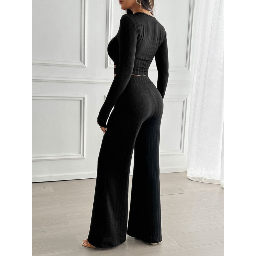 Devine Crisscross Round Neck Long Sleeve Top and Pants Set Apparel and Accessories