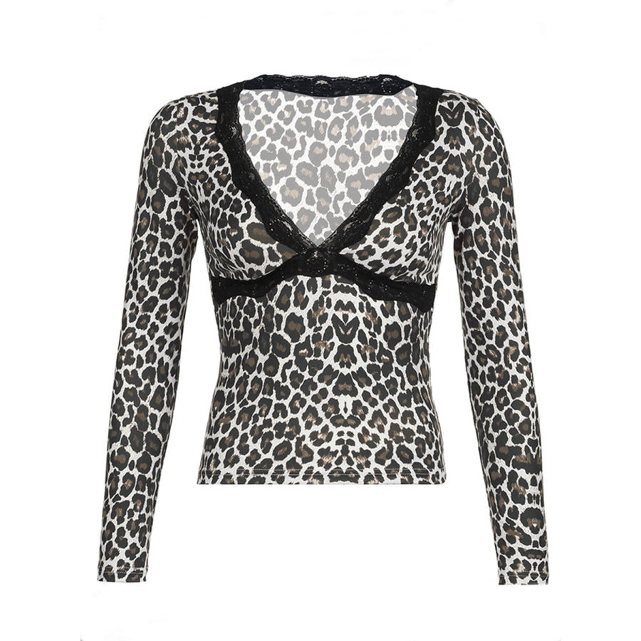 Devine Lace Detail Leopard V-Neck Long Sleeve T-Shirt Apparel and Accessories