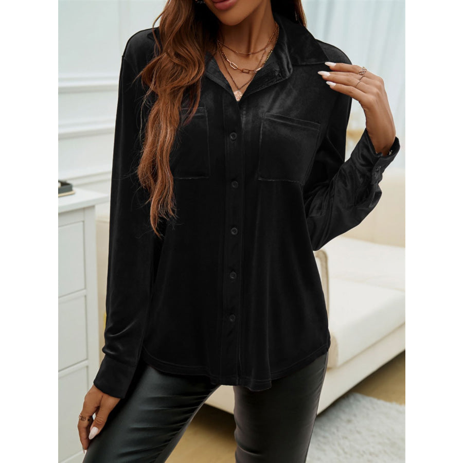 Devine Pocketed Collared Neck Long Sleeve Shirt Black / S Apparel and Accessories