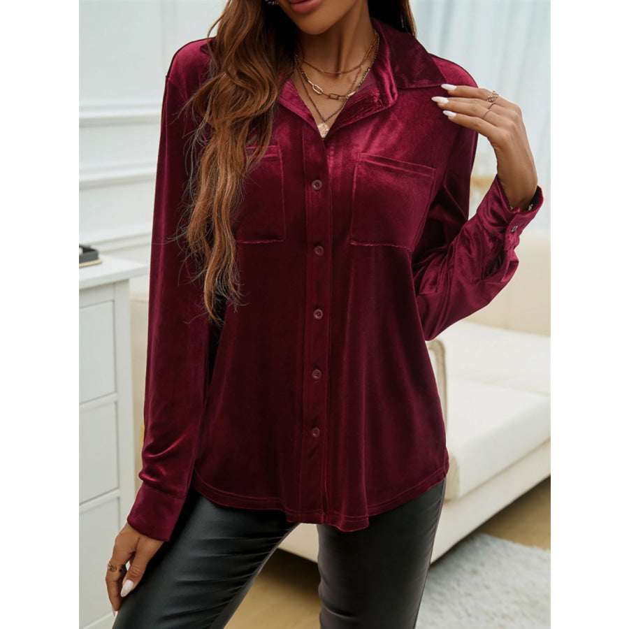 Devine Pocketed Collared Neck Long Sleeve Shirt Burgundy / S Apparel and Accessories