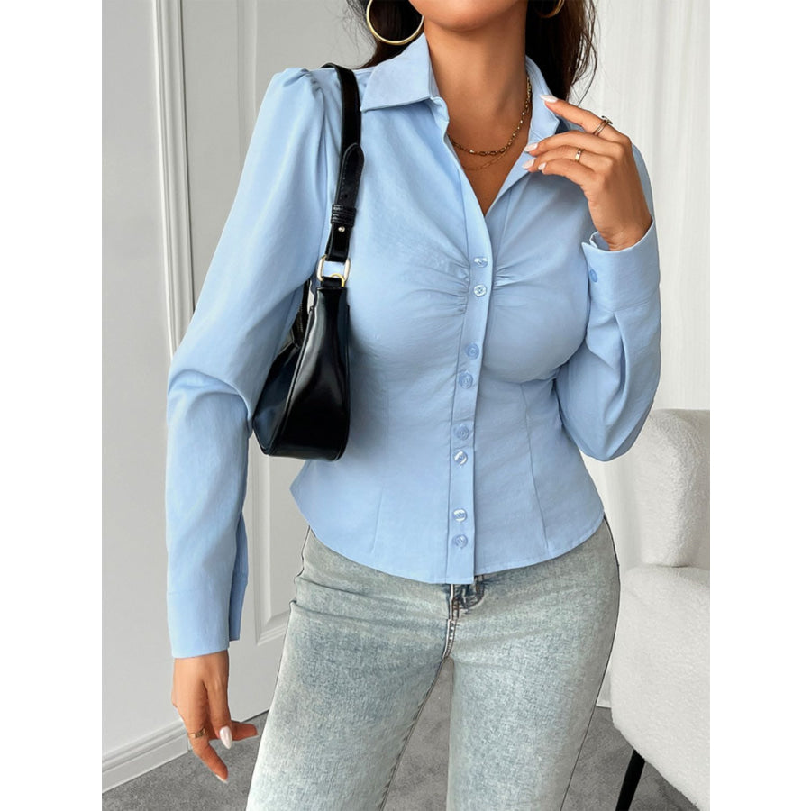 Devine Ruched Collared Neck Long Sleeve Shirt Apparel and Accessories