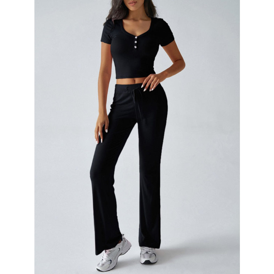 Devine Short Sleeve Top and Drawstring Pants Set Apparel and Accessories