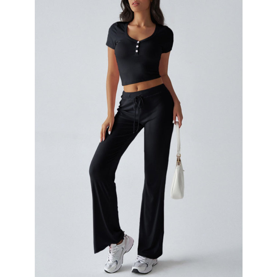 Devine Short Sleeve Top and Drawstring Pants Set Apparel and Accessories