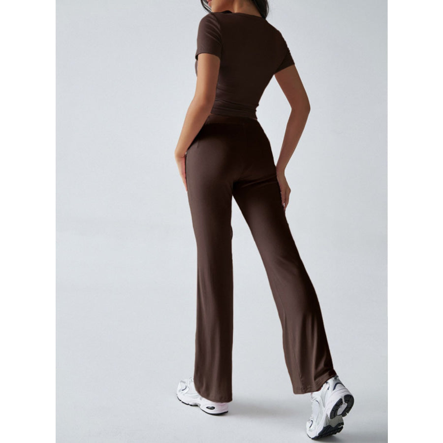 Devine Short Sleeve Top and Drawstring Pants Set Brown / S Apparel and Accessories