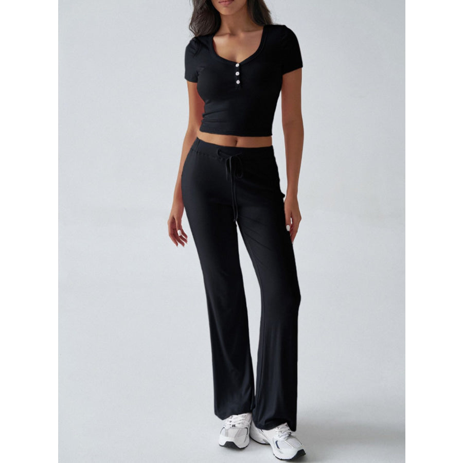 Devine Short Sleeve Top and Drawstring Pants Set Black / S Apparel and Accessories