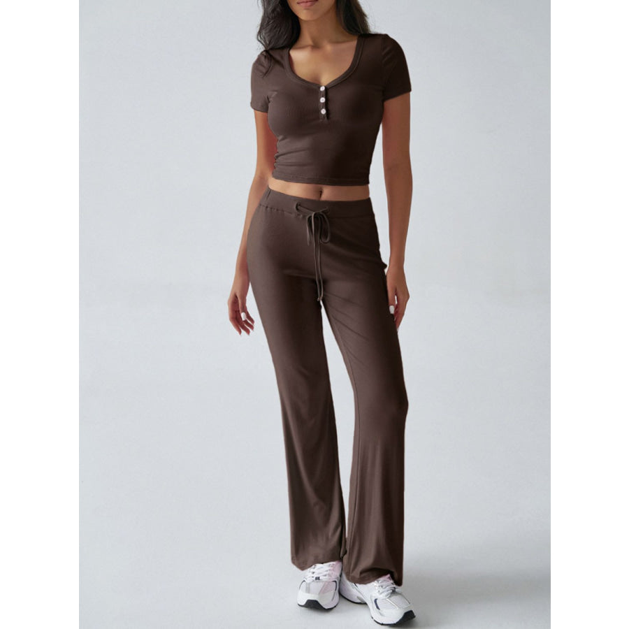 Devine Short Sleeve Top and Drawstring Pants Set Brown / S Apparel and Accessories