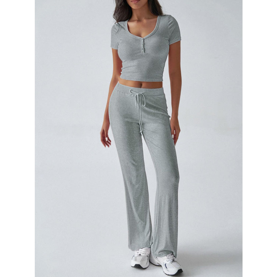 Devine Short Sleeve Top and Drawstring Pants Set Light Gray / S Apparel and Accessories